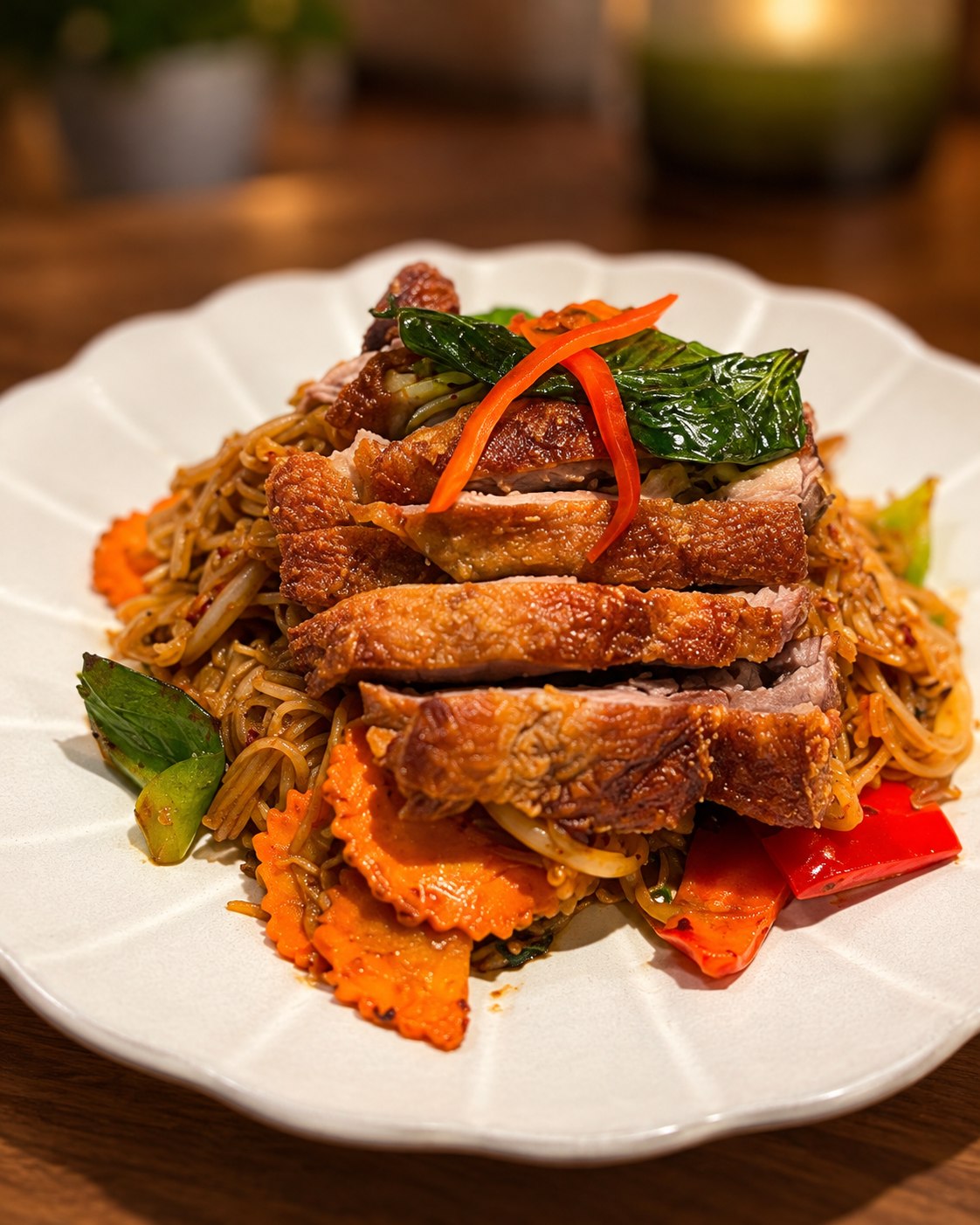 Little Basil Crispy Duck Drunken Noodles on a white plate